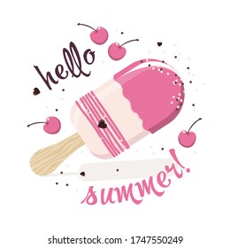 Ice cream in pink icing with chocolate decoration, cherry and the inscription "Hello summer". Isolated illustration of a Popsicle on a wooden stick in flat style on a white background