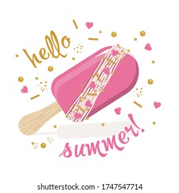 Ice cream in pink icing with white chocolate decoration, hearts and the inscription "Hello summer". Isolated illustration of a Popsicle on a wooden stick in flat style on a white background .