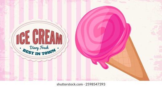 Ice cream pink retro banner. Sweet cold dessert social media advertising. Vintage brand post with text. Branding for cafe or shop. Flat vintage Vector illustration.