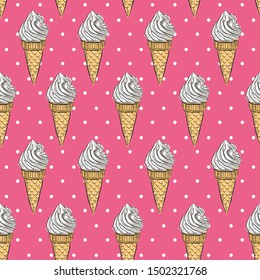 Ice cream pink seamless pattern, vector illustration with frozen summer sweetness. Wallpaper, texture, wrapping paper, fabric, background design	
