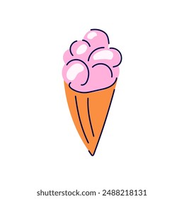 Ice cream pink in waffle cone in cartoon style. Strawberry dessert design. Vector illustration isolated on white background.