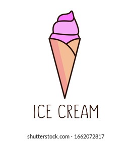 
Ice cream in a pink waffle glass with the inscription. Stock vector illustration.