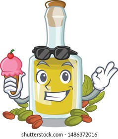 With ice cream pistachio oil above tables cartoon wood