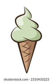 ice cream - pistachio soft serve ice cream in a cone, color vector illustration isolated on white background