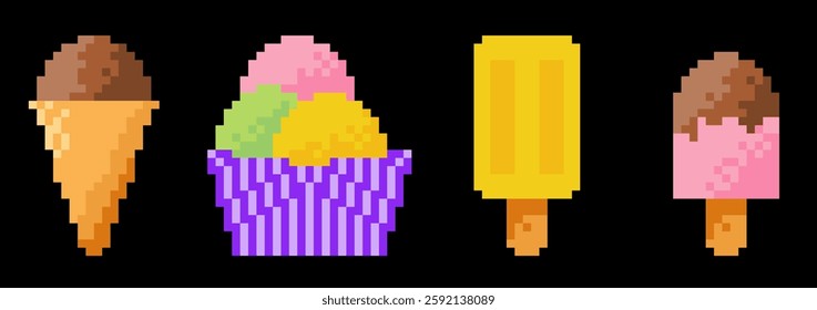  Ice cream pixel art icons set in retro 8 bit, 80s, 90s video games style isolated on black background. Vector design element.

