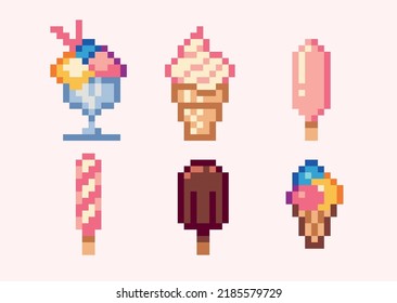 Ice Cream Pixel Art Set. Frozen Candy Collection. Gelato, Sorbet, Sundae. 8 Bit Sprite. Game Development, Mobile App.  Isolated Vector Illustration.