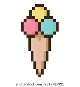  Ice cream in pixel art style.Vector image. Ice cream cone icon. Colorful ice cream. Vector illustration. Pixel art of an ice cream cone.