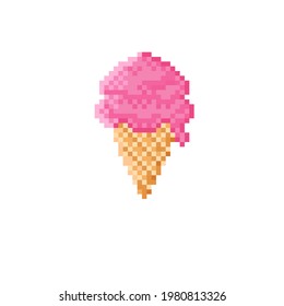 Ice cream pixel art. Vector picture. Ice cream cone icon. Pink Ice cream. Vector illustration. 