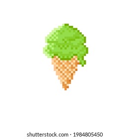 Ice cream pixel art. Vector picture. Ice cream cone icon. Lime Ice cream. Vector illustration. Ice cream cone pixel art.