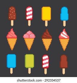 Ice cream pixel icons set. Old school computer graphic style.