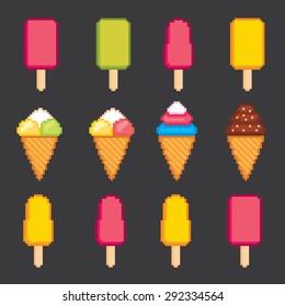 Ice cream pixel icons set. Old school computer graphic style.