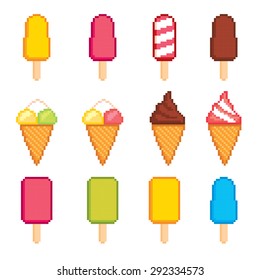 Ice cream pixel icons set. Old school computer graphic style.