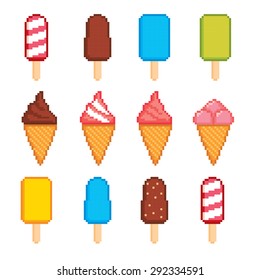 Ice cream pixel icons set. Old school computer graphic style.