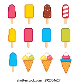Ice cream pixel icons set. Old school computer graphic style.