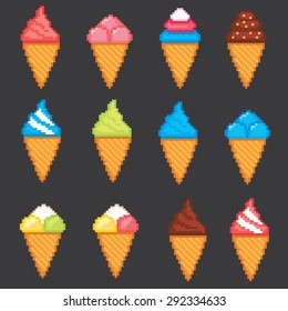 Ice cream pixel icons set. Old school computer graphic style.