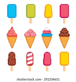 Ice cream pixel icons set. Old school computer graphic style.