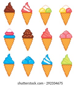 Ice cream pixel icons set. Old school computer graphic style.