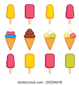 Ice cream pixel icons set. Old school computer graphic style.
