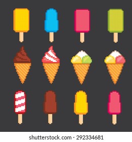 Ice cream pixel icons set. Old school computer graphic style.