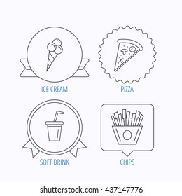 Ice cream, pizza and soft drink icons. Chips fries linear sign. Award medal, star label and speech bubble designs. Vector