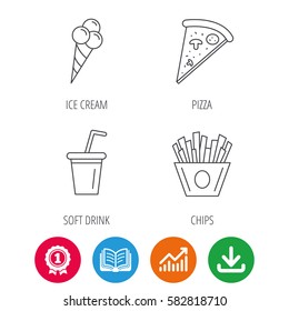 Ice cream, pizza and soft drink icons. Chips fries linear sign. Award medal, growth chart and opened book web icons. Download arrow. Vector
