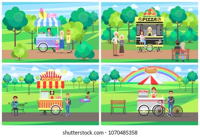 Ice cream and pizza stand popcorn and hotdogs park and clouds rainbow and people ice cream and pizza stands collection isolated on vector illustration