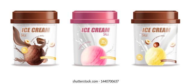 Ice cream plastic bucket container set packaging Vector realistic. Chocolate, strawberry and vanilla flavor. Label design 3d illustration