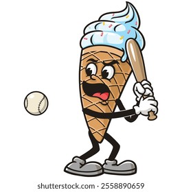 Ice Cream playing baseball,  Cartoon Character Mascot Illustration Vector Clip-art Hand-drawn Logo Design