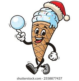 Ice Cream is playing snowballs and wearing a christmas hat,  Cartoon Character Mascot Illustration Vector Clip-art Hand-drawn Logo Design