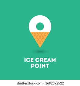 Ice cream point logo. Map marker composition as waffle cone and scoops of Ice cream. 