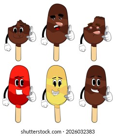 Ice Cream pointing at the viewer with his hand. Summer refreshment, sweet food as a cartoon character with face.