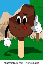 Ice Cream pointing at the viewer with his hand. Summer refreshment, sweet food as a cartoon character with face.