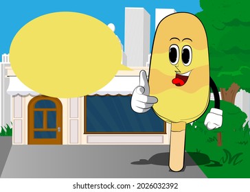 Ice Cream pointing at the viewer with his hand. Summer refreshment, sweet food as a cartoon character with face.