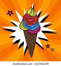 Ice cream in a pop art style. Vintage cold dessert in a cone. Sweet food. Vector flat illustration