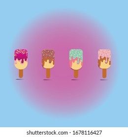 ice cream pop set on pastel rainbow background with a glazed and colorful sprinkle. Tasty colorful ice cream for summer decorative, sweets, dessert, web design or print. Vector Illustration.