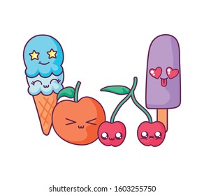 ice cream popsicle apple and cherry cartoon design, Kawaii expression cute character funny and emoticon theme Vector illustration