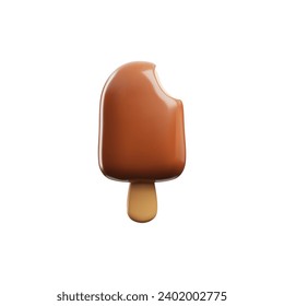 Ice cream, popsicle in chocolate, 3d icon, vector isolated on white background, volume render. Sweet dessert on a wooden stick covered with glaze. Realistic rendering object, design icon.