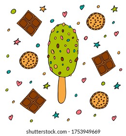 Ice cream with popsicle with cookies and chocolate. Hand drawn. Summer dessert. Tasty snack. Vector illustration. Isolated objects on a white background. 
