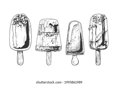 ice cream, popsicle of different shapes and decorations, a set of vector illustrations, vintage, graphics, sketch