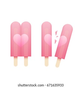 Ice cream popsicle double stick strawberry flavor illustration, break heart love concept pink color isolated on white background