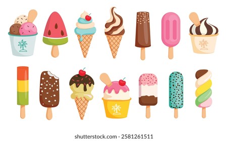 Ice cream popsicle drawing clipart set. Popsicle icon and ice cream cartoon clip art tropical graphic elements in strawberry, watermelon and chocolate vector illustration. 