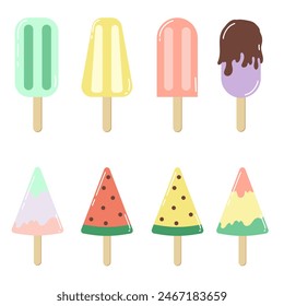 Ice cream popsicle flat style collection. Simple retro ice cream stick illustrations.