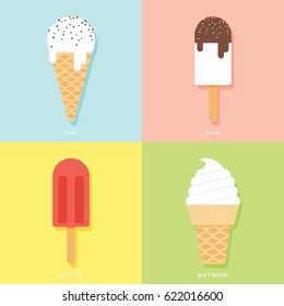 Ice cream and popsicle flat vector icons