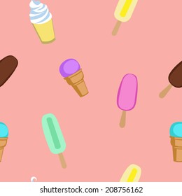 Ice cream, popsicle, frozen yogurt seamless vector pattern. Pink background.