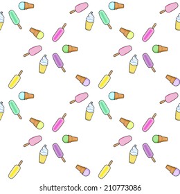 Ice cream, popsicle, frozen yogurt seamless vector pattern. White background. Ice vream pattern. Illustration of different ice cream. Seamless pattern with ice cream.