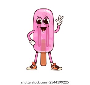 Ice cream, popsicle gelato groovy character. Confectionery fruit ice cream cute cartoon character, gelato or frozen juice dessert childish groovy vector mascot. Gelateria popsicle isolated personage