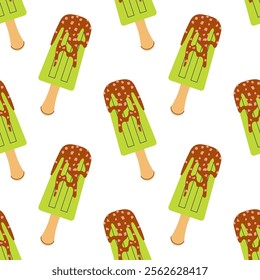 Ice cream. Popsicle with green tea and caramel. Sweet summer dessert. Seamless pattern for textile, wrapping paper, background.