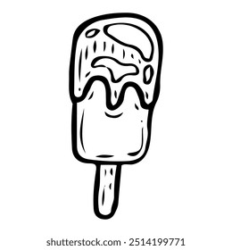 Helado de paleta dibujado a mano doodle. Postre frío de verano en un palo. Pollo de hielo de frutas. Comida láctea callejera. Bocadillo dulce. Producto culinario. Vector boceto línea ilustración de arte.