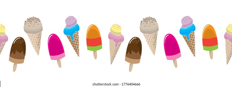 Ice Cream And Popsicle Horizontal Seamless Border