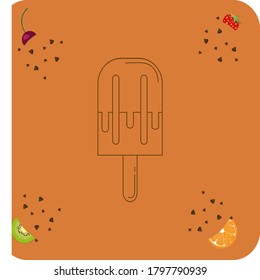 ice cream or popsicle icon with chocolate filling with brown lines.background with fruits
